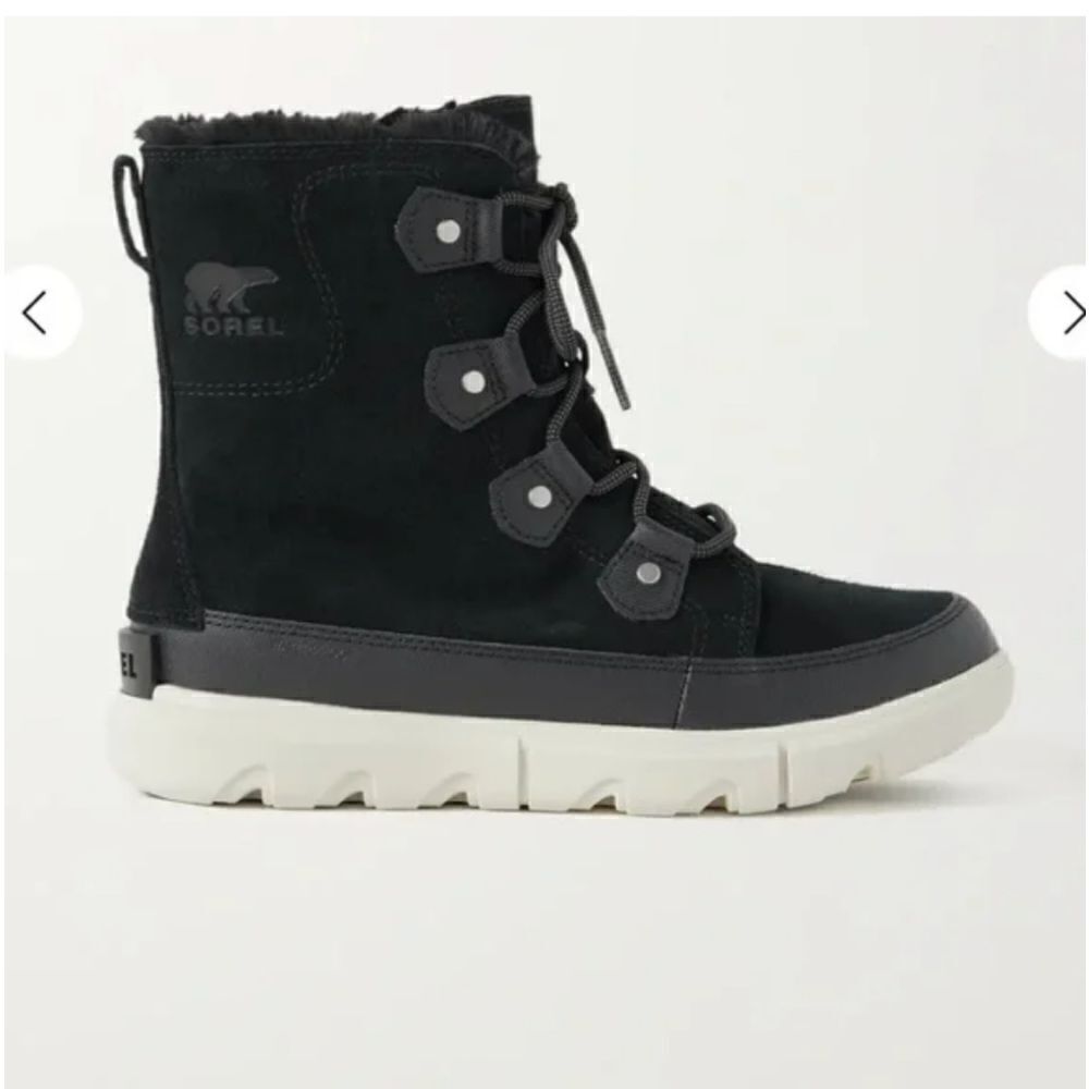 Sorel Explorer II Joan WP Black faux fur-trimmed suede ankle boots Sz 11